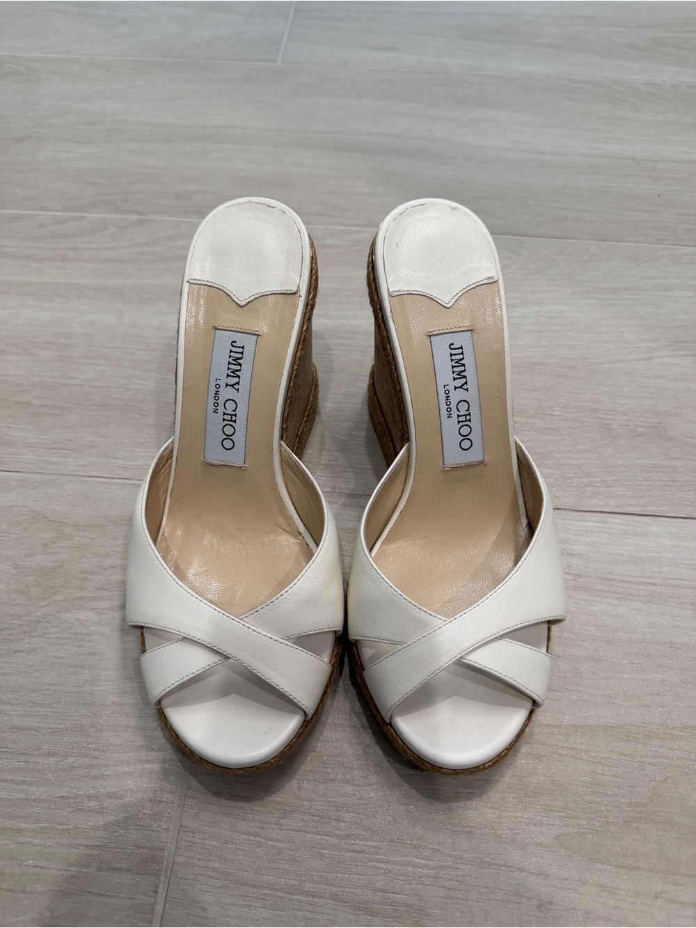 Jimmy Choo Cream Leather Crisscross Platform Wedge Sandals